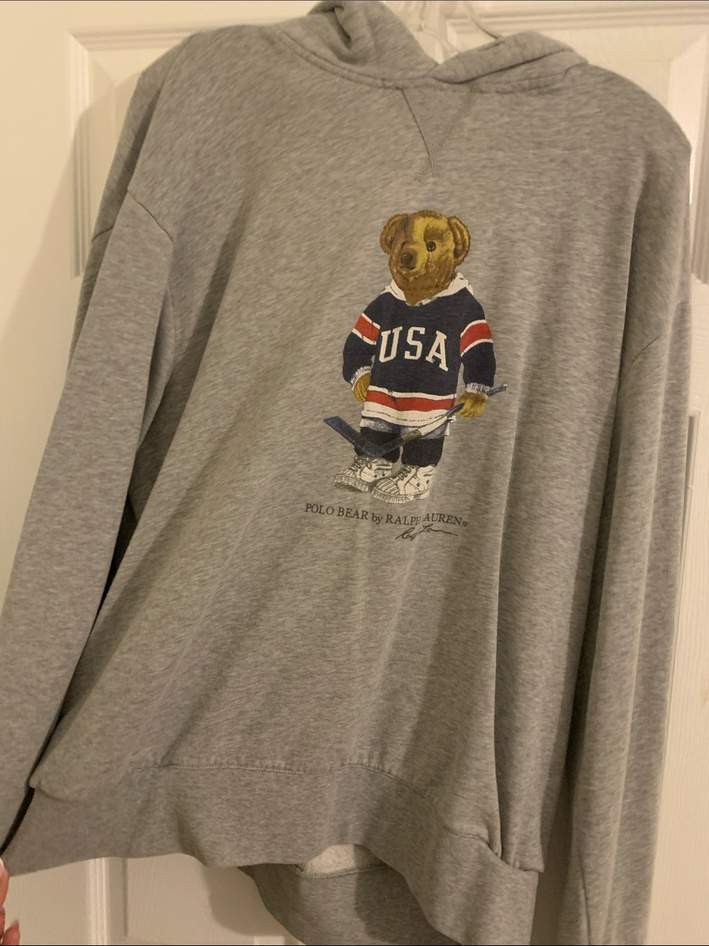 Ralph Lauren Gray Polo Bear Crewneck Sweater with Navy & Red USA Graphic